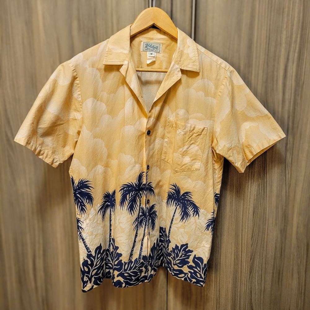 Vintage 90s Hawaiian Aloha Shirt Kolekole Peach Orange Navy Blue Palm Trees - Picture 4 of 16